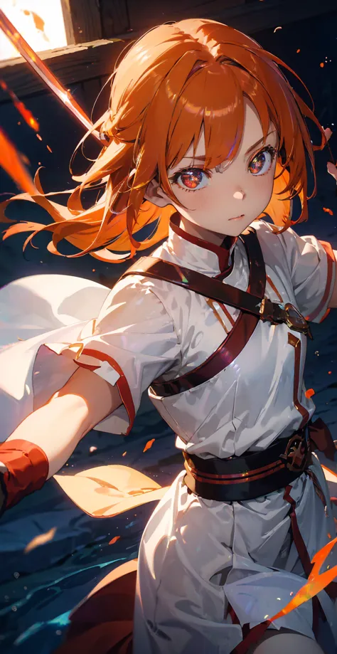 asunayuuki, orange hair， with two shining swords, white combat uniform, sword art onlineの翻案, a red stroke simulating the charact...