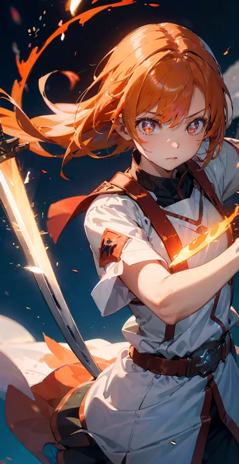 asunayuuki, orange hair， with two shining swords, white combat uniform, sword art onlineの翻案, a red stroke simulating the charact...