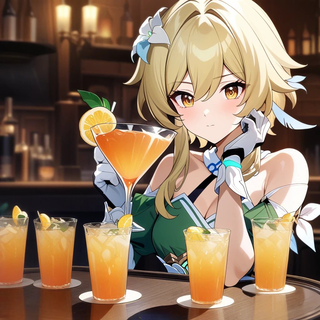 lumine from honkai star rail, lumine, holding drink tray, serving drinks, anatomically correct 1girl, blonde hair, golden eyes, beautiful face, green Victorian dress, gloves, bar background, decorative, masterpiece, high quality, hd, 4k, upper body, genshin artstyle, 