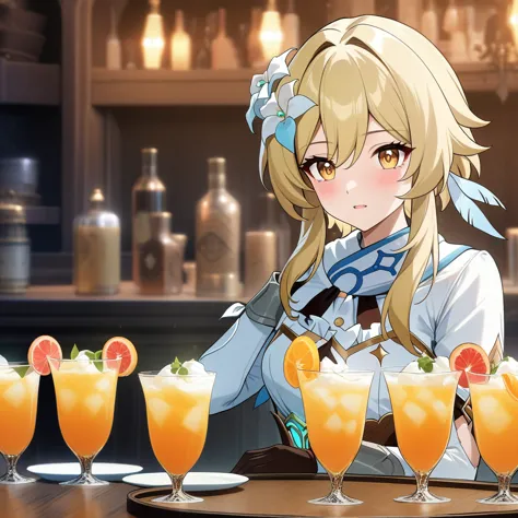 lumine from honkai star rail, lumine, holding drink tray, serving drinks, anatomically correct 1girl, blonde hair, golden eyes, ...