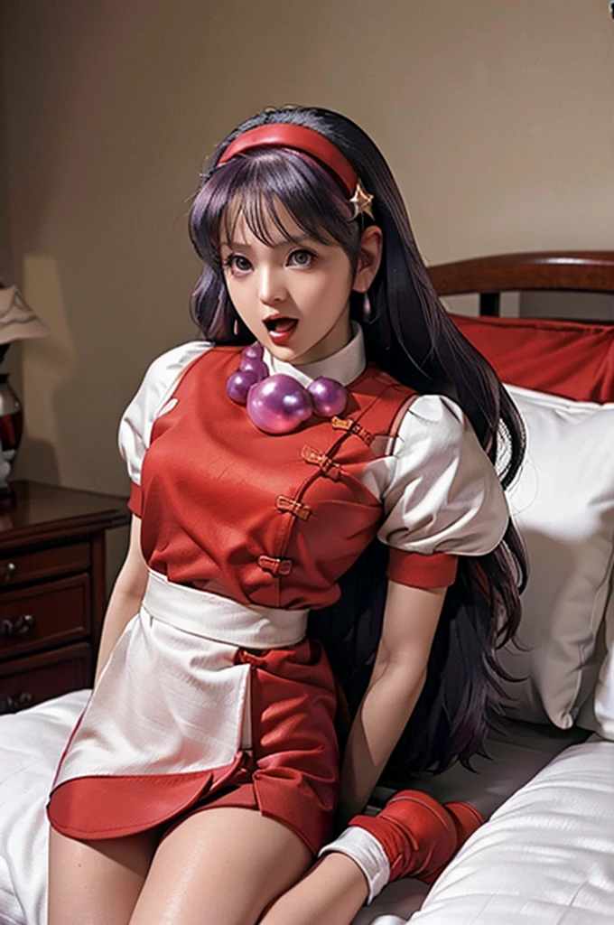 (masterpiece), (best quality), (Very detailed), Intricate details, Perfect anatomical structure, ue5 render, whole body, , Long hair, necklace, earrings, Small Breasts, Wristband,bedroom，big bed, hands on abdomen，Grab your chest with both hands，White socks，Star Hairpin，Scream，正面lie着，Red Shoes，lie