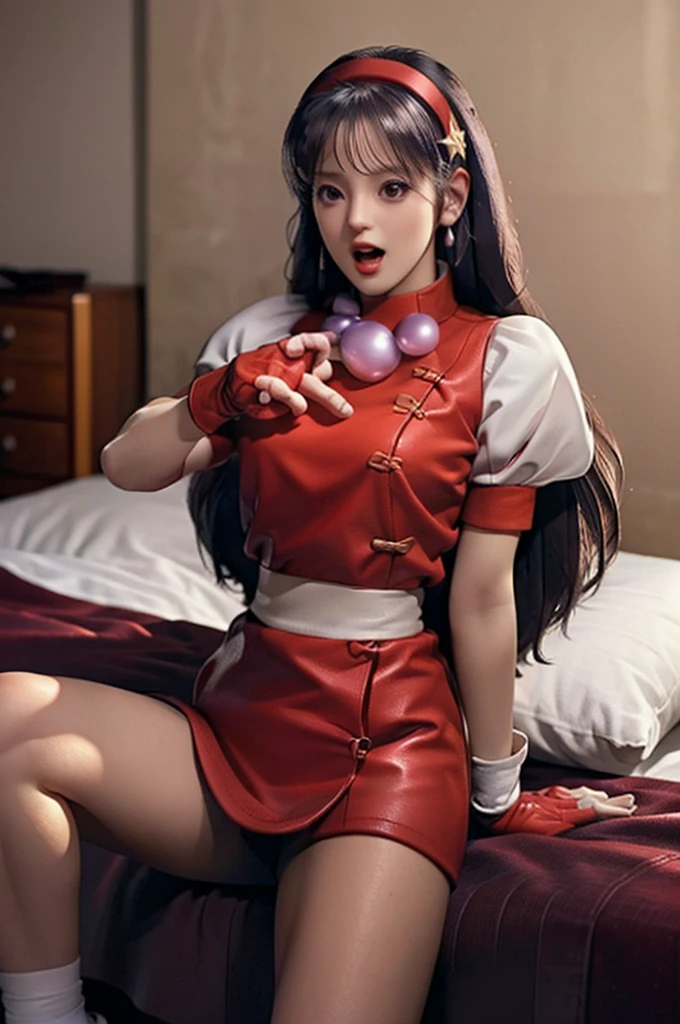 (masterpiece), (best quality), (Very detailed), Intricate details, Perfect anatomical structure, ue5 render, whole body, , Long hair, necklace, earrings, Small Breasts, Wristband,bedroom，big bed, hands on abdomen，Grab your chest with both hands，White socks，Star Hairpin，Scream，正面lie着，Red Shoes，lie