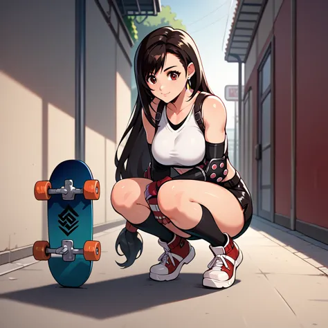 anime girl in white shirt and black shorts riding a skateboard, the anime girl is running, female action anime girl, the anime g...