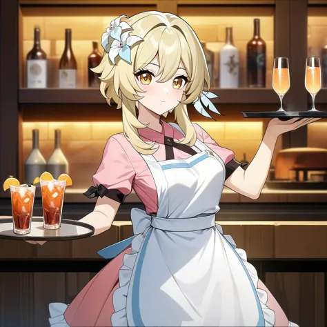 lumine,  lumine from genshin impact, stylish pose, serving drinks, holding  tray of drinks, anatomically correct, 1girl, blonde,...