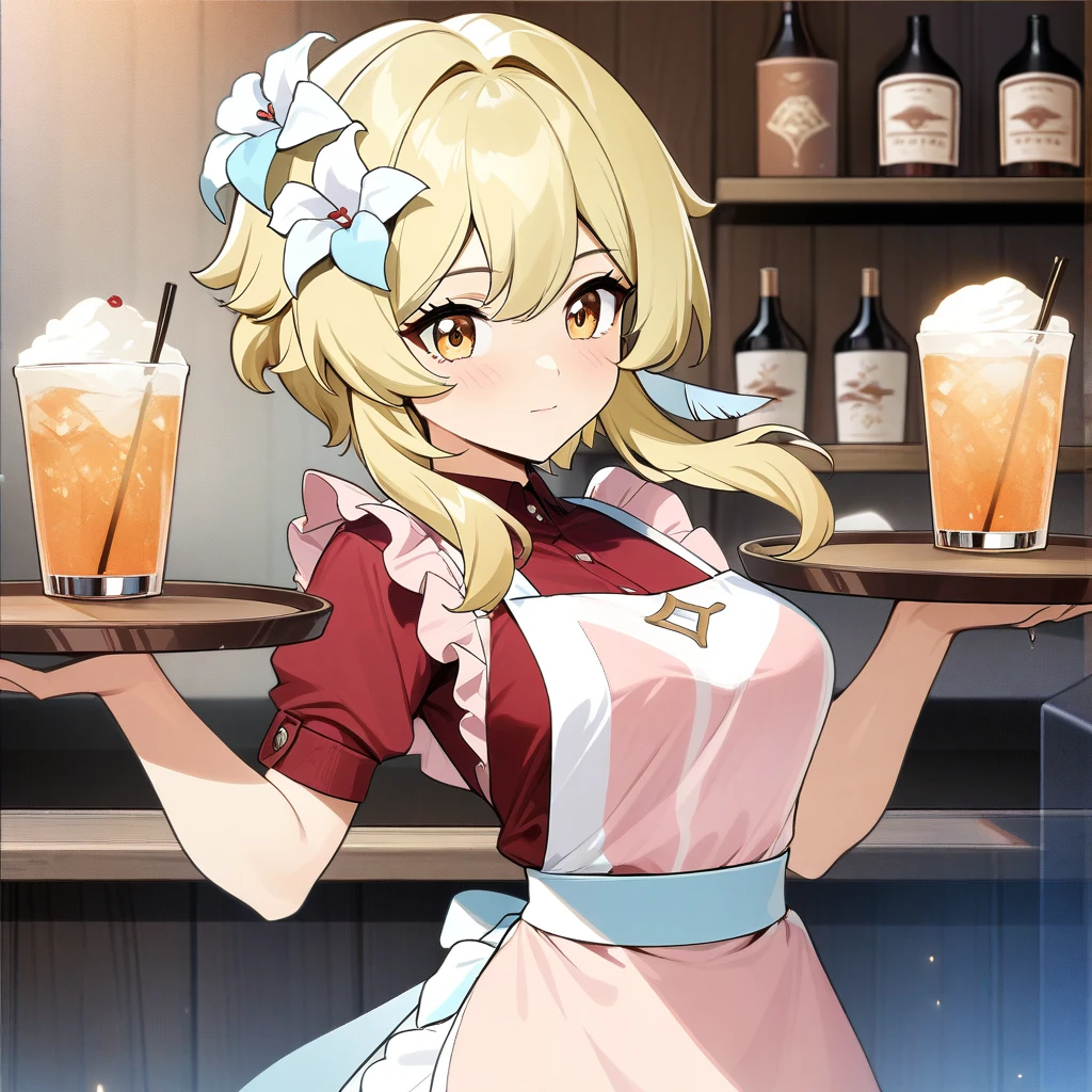 Lumine,  lumine from genshin impact, stylish pose, serving drinks, holding  tray of drinks, anatomically correct, 1girl, blonde, golden eyes, beautiful face, pink dress, apron, bar background, decorative, masterpiece, high quality, hd, 4k, upper body, genshin artstyle, 