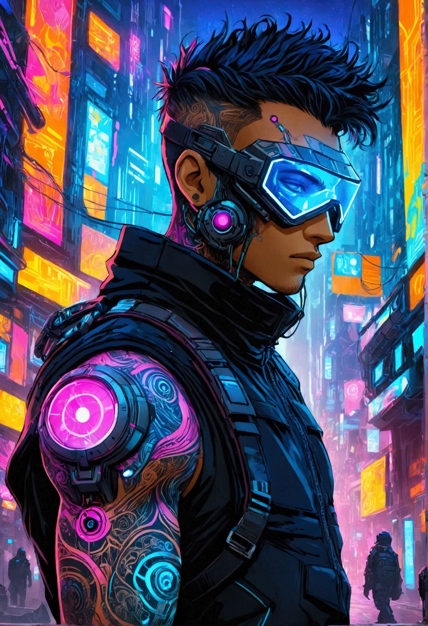 Create a futuristic Cyberpunk themed illustration featuring a shirtless man with cybernetic arms. Let his chest and arms be adorned with brightly illuminated tattoos in neon shades of blue, purple and pink. He's wearing black cargo pants peppered with neon details. His entire head and face are covered with a futuristic LED Techwear helmet, making him an enigmatic figure. Capture the gritty and high-tech nuances of the cyberpunk aesthetic.