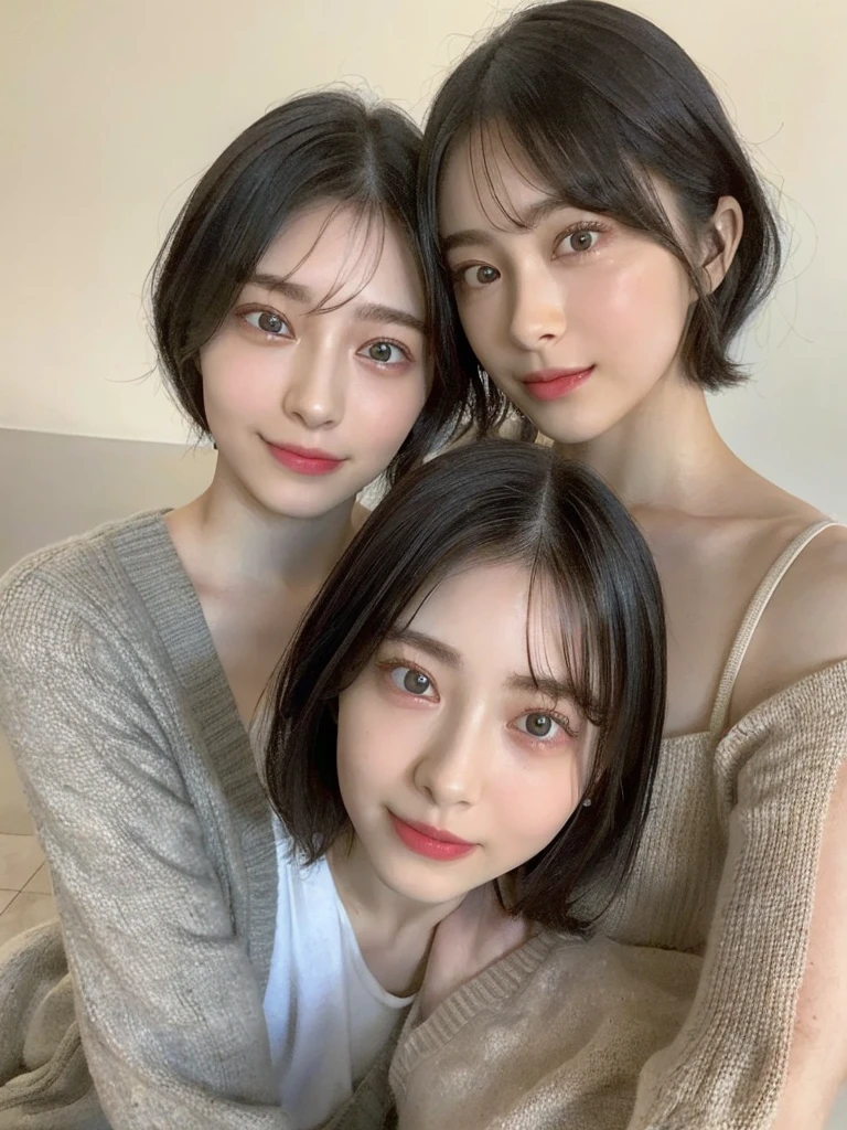 (masterpiece:1.3), (8k, Photoreal, Raw photo, best image quality: 1.4), Japanese high school girl、(random hairstyle:1.2)、cleavage:1.5、super detail face、eye for details、double eyelid、chest to chest、sharp focus:1.2、Beautiful woman:1.4、light brown hair、highest quality、masterpiece、超A high resolution、(Photoreal:1.4)、Highly detailed and professionally lit smiles、loose and light knitwear、shoulder out、thin、serious expression、short haired、deadly position
similar identical twins
All the girls have the exact same face, The two have the same face and figure, as if they were mirror images.