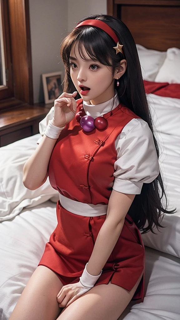 (masterpiece), (best quality), (Very detailed), Intricate details, Perfect anatomical structure, ue5 render, whole body, , Long hair, necklace, earrings, Small Breasts, Wristband,bedroom，big bed, hands on abdomen，Grab your chest with both hands，White socks，Star Hairpin，Scream，正面lie着，Red Shoes，lie