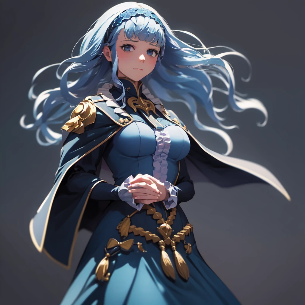 masterpiece, best quality, Marianne3Hopes, long hair, blue dress, capelet, hairband, cropped torso, closed mouth, simple background, looking at viewer, arm_under_breasts