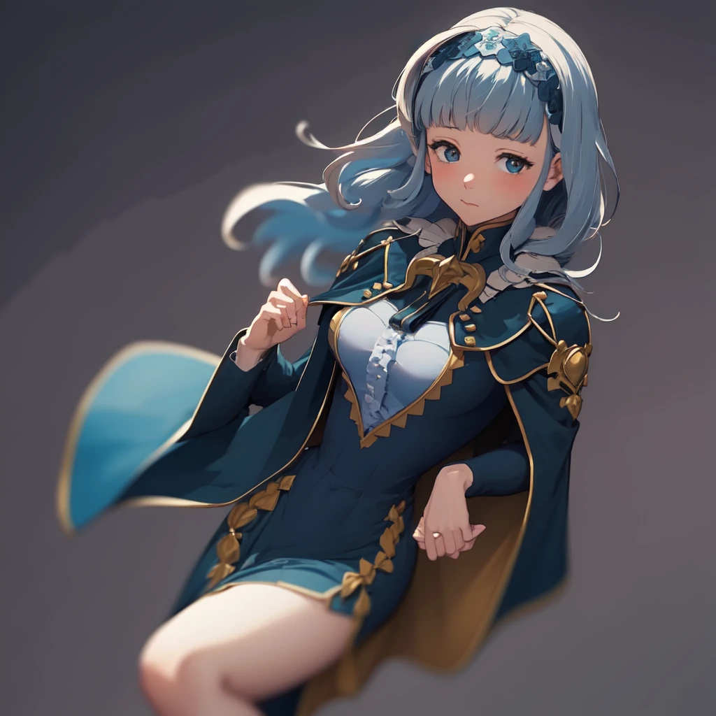 masterpiece, best quality, Marianne3Hopes, long hair, blue dress, capelet, hairband, cropped torso, closed mouth, simple background, looking at viewer, arm_under_breasts