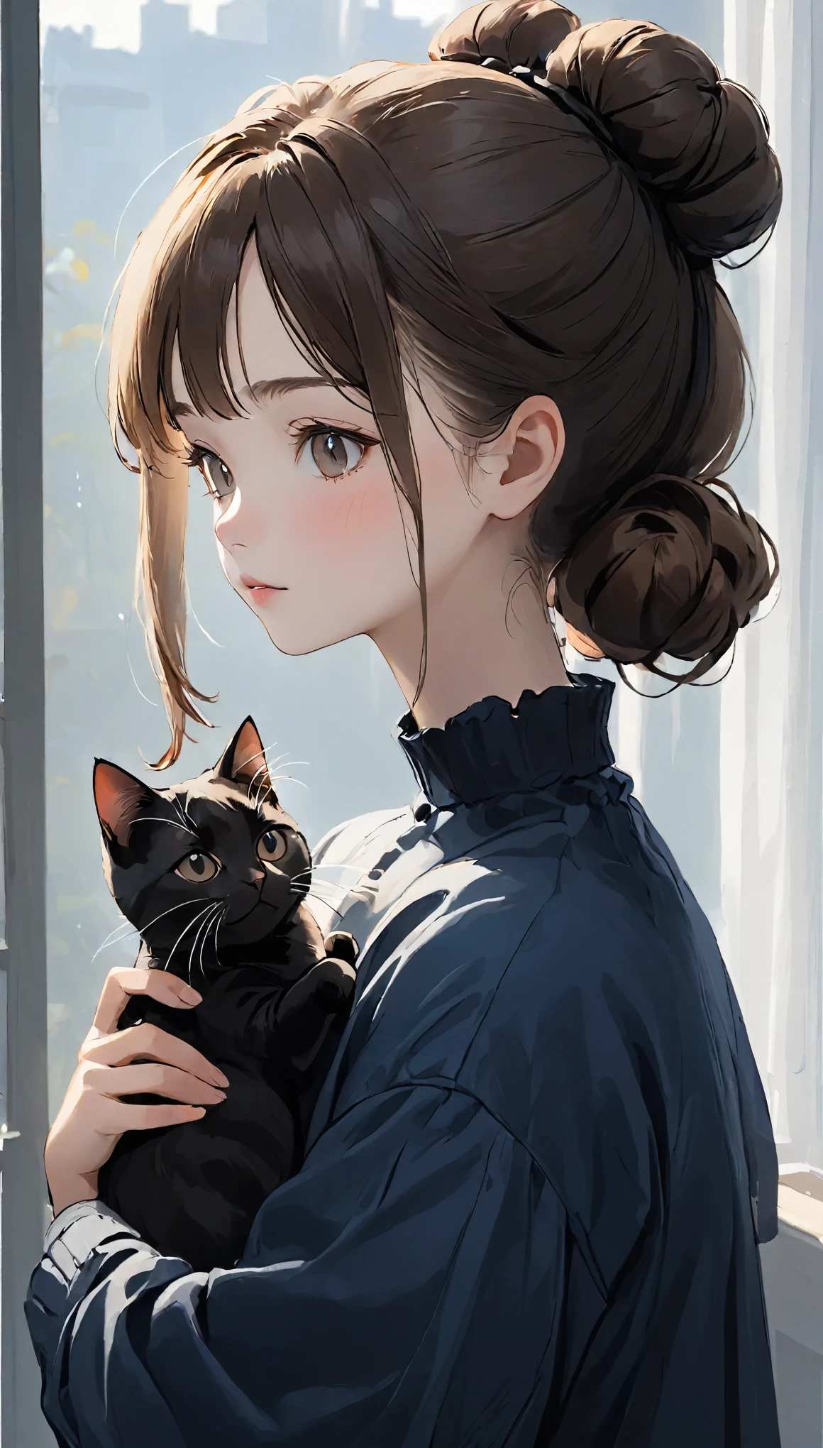 highest quality、Black catを抱く女の子、Cute 14 year old girl、Bun hair with brown hair tied、Black cat、Natural look、Long Shot、Natural light