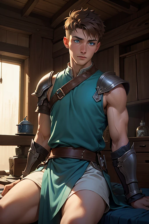 Photo-realistic. A pleased, 16-year-old, handsome, muscular Caucasian man with fade-cut, brown hair, and blue eyes, wearing shabby, sleeveless, leather armor, with metal shoulder guards, boasting, as he tells a dramatic story to a 15-year-old, lean, Caucasian peasant man, with short, brown hair, and blue eyes, in a blue and green tunic, listening in wonder, sitting next to each other on a simple bed, in a rustic inn room, at night.