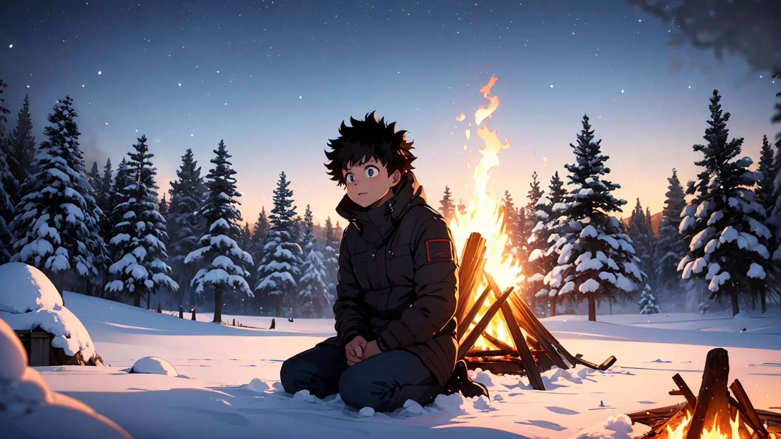 Izuku Midoriya at bonfire, cold, snow, 1boy, beautiful detailed eyes, beautiful detailed lips, extremely detailed face, long eyelashes, sitting by a cozy bonfire, winter landscape, snow-covered forest, starry night sky, warm firelight, cold atmosphere, cinematic lighting, highly detailed, 8k, photorealistic, intricate details, dramatic composition, muted color palette, dramatic lighting