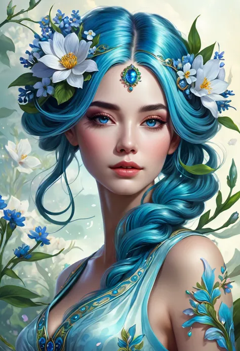 a picture of blue hair、painting of a woman with flowers in her hair, goddess flor, 美丽的fantasy art portrait, fantasy style art, f...