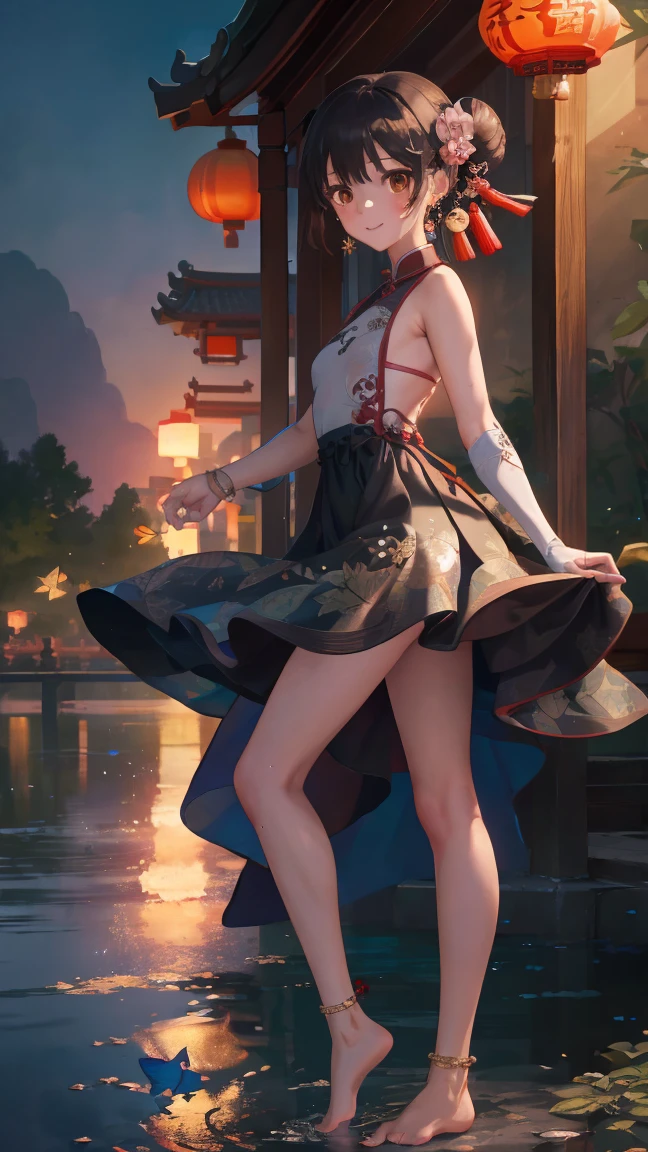 masterpiece,Best Quality,official art,Extremely detailed CG unity 8k wallpaper, (plano general),1 girl, (Miyu Edelfelt),change,black fur,Brown eyes,seductive smile,NSFW, barefoot, Transparent dress, mariposa, mariposa hair ornament, backless dress, chinese clothing,sleeveless, double bun,golden dragon print,pie barefoot,,elbow gloves,Bun, hair ornament,jewelry,earrings,beaded anklet,thin legs,nail polish, small breasts, Alone, toenail polish, toenails, toes, two tails,exterior,Chinese style architecture, Chinese style, lake, Old City, beautiful and meticulous water,The Red Lantern,Fireworks, sex