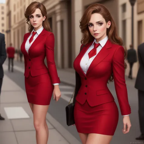 8k, best quality, realist, victoria villarruel dressed in a red lawyer&#39;s suit, sitting eating popcorn, long dark brown hair,...