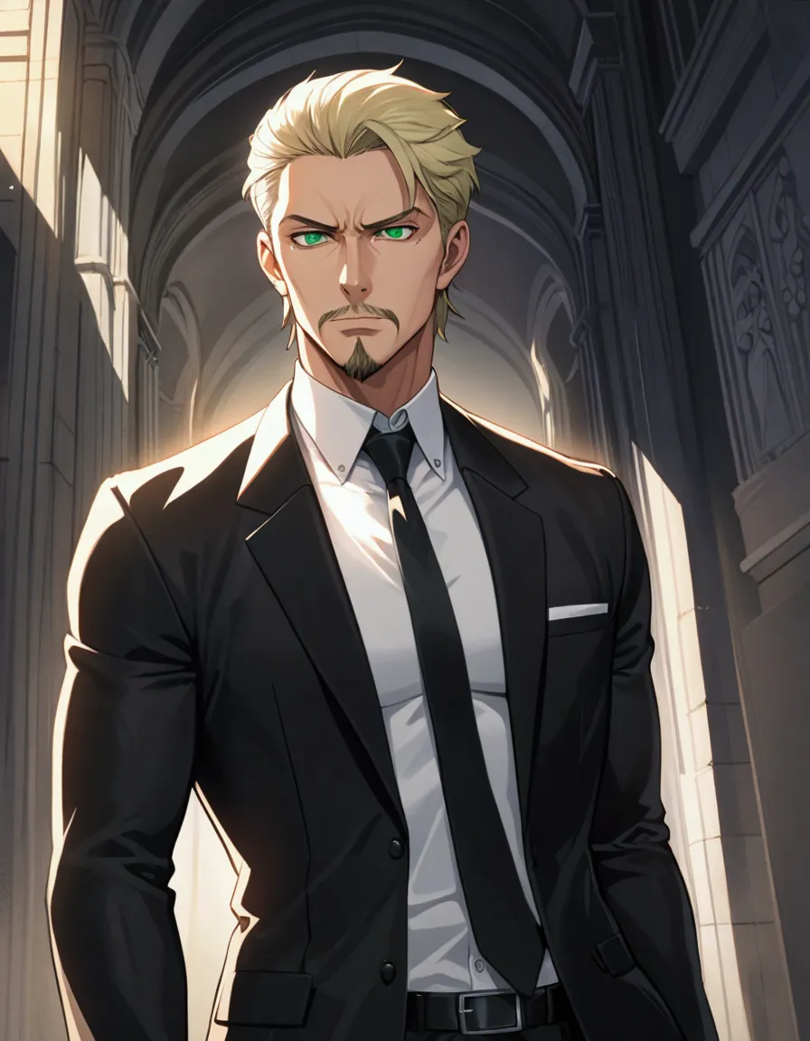 1man, man in black, vigorous mature, business hair with asymmetrical bangs, goatee, green platina blond hair, emerald eyes, brea...