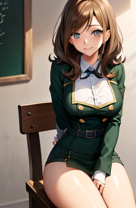 (((ultra-ditailed))),a schoolgirl with brown hair and brown eyes is wearing a schoolgirl uniform.、she has e cup breasts and thig...