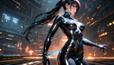 raven from stellar balde, 1 woman，masterpiece, 8k quality, sexy sci-fi girl,dynamic sexual pose, black hair, ponytail, shiny tig...