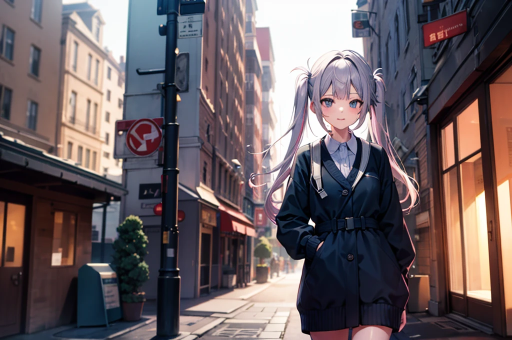 Walking in front of the station, looking up, bird's-eye view,master piece,best quality, detailed beautiful face and hair, ,score_9, 1girl,16 years old,silver hair,Long hair,twintail , Collared shirts and cardigans, ,(((((Make the outline of your hair clearer )))))、Smile、

