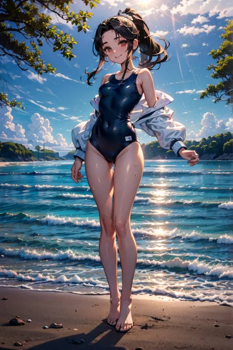 (((beautiful))), (((school swimsuit, daytime beach, sun, 4. perfect figure, full body))), ((black hair, parted bangs, forehead, ...