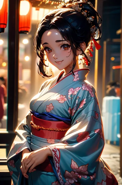 (((beautiful))), (((kimono, yukata, night, festivals, stall, perfect figure, full body))), ((black hair, parted bangs, forehead,...