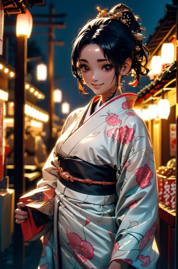 (((beautiful))), (((kimono, yukata, night, Festivals, stall, Perfect figure, full body))), ((Black Hair, parted bangs, forehead, ponytail, hair ornaments, slim)), One Woman, Small breasts, Thin legs, Glowing Skin, Sweat, (((Intricate details))), High resolution, ((Intricate details, Ultra-detailed)), from front, wide shot, (looking at viewer, look at viewer), Red cheeks, smile,