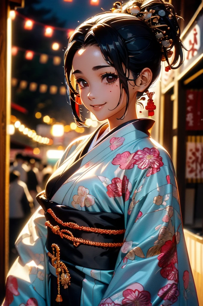 (((beautiful))), (((kimono, yukata, night, Festivals, stall, Perfect figure, full body))), ((Black Hair, parted bangs, forehead, ponytail, hair ornaments, slim)), One Woman, Small breasts, Thin legs, Glowing Skin, Sweat, (((Intricate details))), High resolution, ((Intricate details, Ultra-detailed)), from front, wide shot, (looking at viewer, look at viewer), Red cheeks, smile,