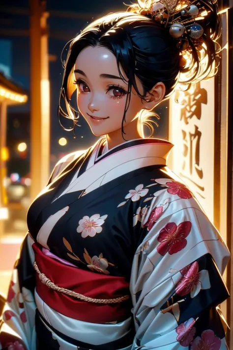 (((beautiful))), (((kimono, yukata, night, festivals, stall, perfect figure, full body))), ((black hair, parted bangs, forehead,...