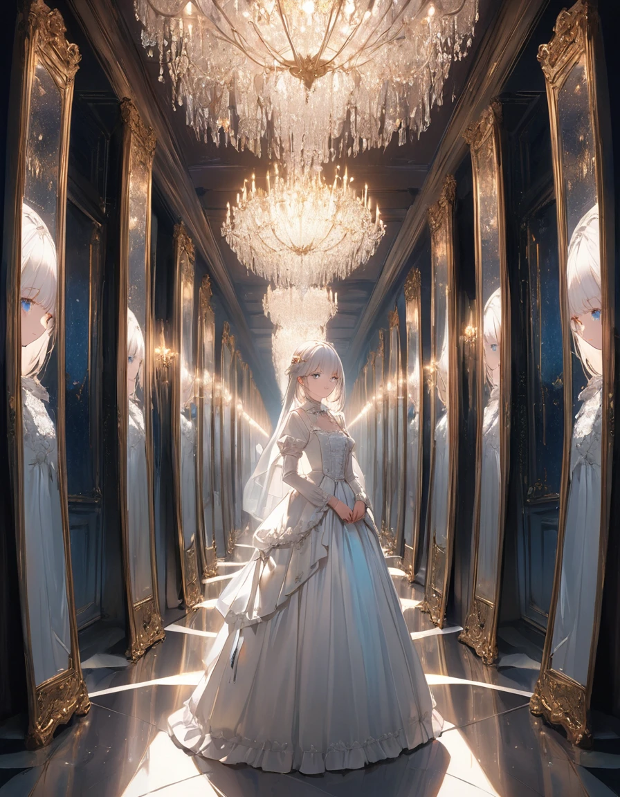 (top-quality),(masterpiece),Delicately drawn face,girl with a pretty face,beautiful detailed blue eyes,white lolita fashion,((beautiful detailed white costume)),(Beautiful silky white hair:1.2),pale skin,film lighting,mysterious,illusion,(wide shot),an infinite hall of mirrors,facing yourself in the mirror,a landscape that reflects endlessly,like a kaleidoscope