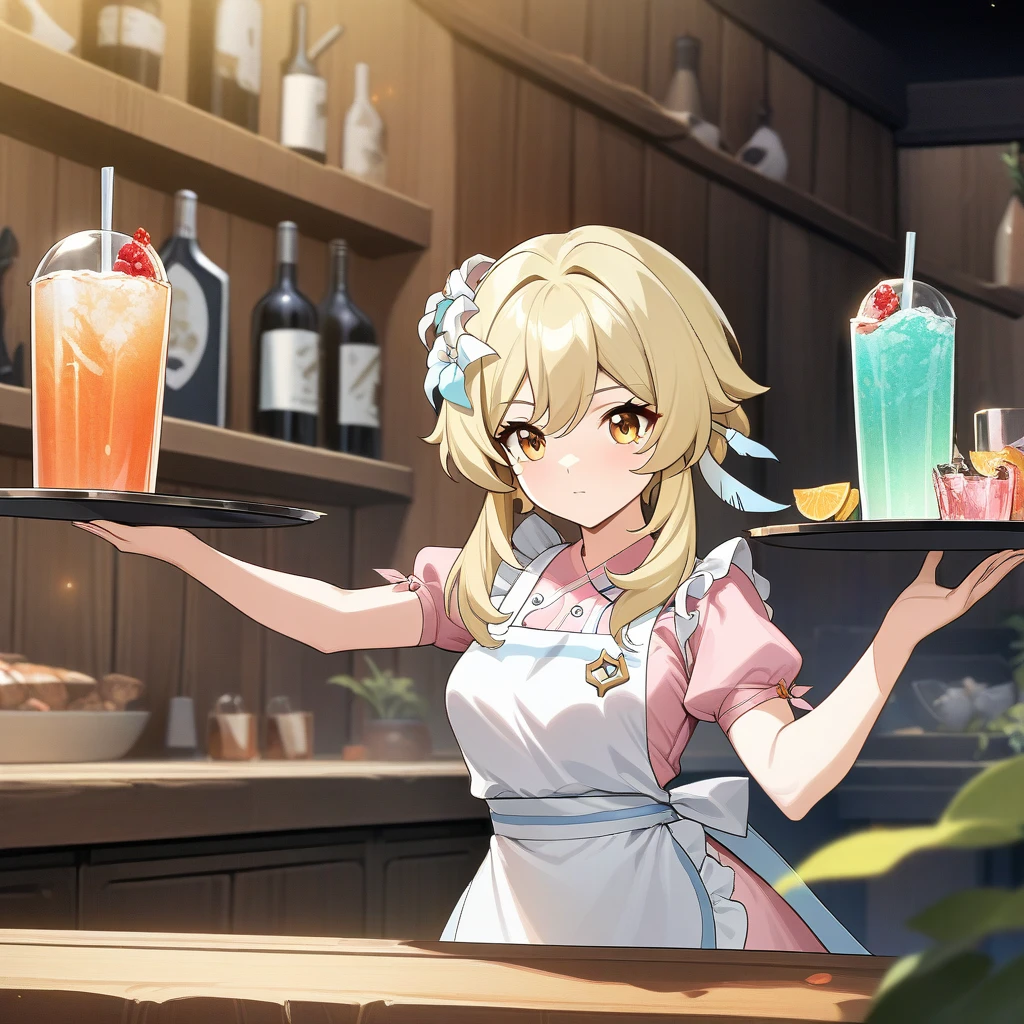 Lumine,  lumine from genshin impact, stylish pose, serving drinks, holding  tray of drinks, anatomically correct, 1girl, blonde, golden eyes, beautiful face, pink dress, apron, bar background, decorative, masterpiece, high quality, hd, 4k, upper body, genshin artstyle, 