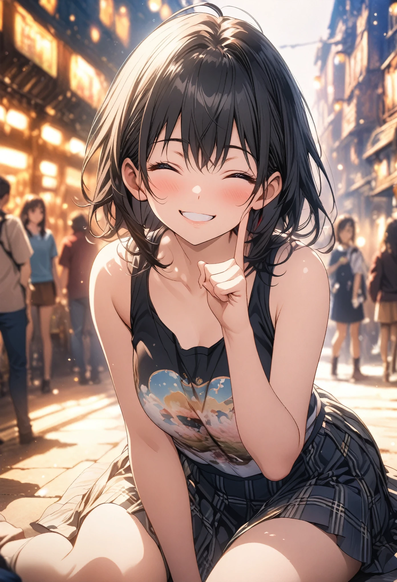 masterpiece, Highest quality, Highly detailed CG Unity 8k wallpaper, High School Girl Anime Illustration. Wear an oversized tank top, She is wearing a red and black checked skirt., Point the index fingers of both hands, she has her eyes closed and mouth open, smile. Black Hair, black eye, twins, Bokeh Photo, (Soft Focus):1.2, Out of focus highlights, Dreamy atmosphere, shining heart, Fascinating Depth, The background is a realistic landscape, Depth of subject