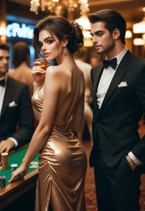 3 men in suits playing poker, a pretty blond woman, sexy dress serving whiskey, sexy body