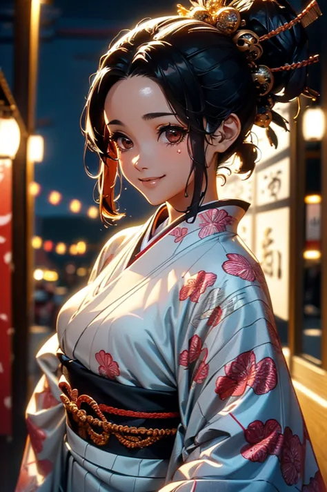 (((beautiful))), (((kimono, yukata, night, festivals, stall, perfect figure, full body))), ((black hair, parted bangs, forehead,...