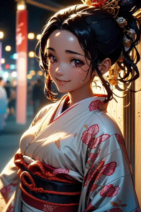 (((beautiful))), (((kimono, yukata, night, festivals, stall, perfect figure, full body))), ((black hair, parted bangs, forehead,...