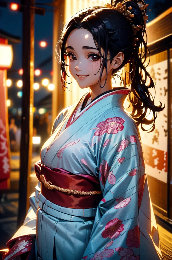 (((beautiful))), (((kimono, yukata, night, Festivals, stall, Perfect figure, full body))), ((Black Hair, parted bangs, forehead, ponytail, hair ornaments, slim)), One Woman, Small breasts, Thin legs, Glowing Skin, Sweat, (((Intricate details))), High resolution, ((Intricate details, Ultra-detailed)), from front, wide shot, (looking at viewer, look at viewer), Red cheeks, smile,