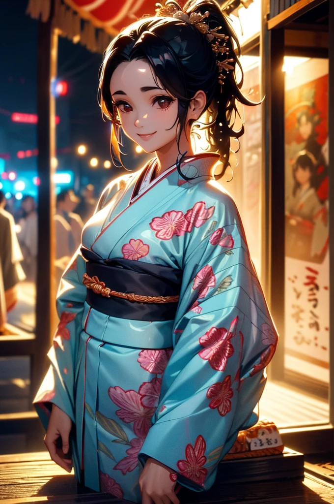 (((beautiful))), (((kimono, yukata, night, Festivals, stall, Perfect figure, full body))), ((Black Hair, parted bangs, forehead, ponytail, hair ornaments, slim)), One Woman, Small breasts, Thin legs, Glowing Skin, Sweat, (((Intricate details))), High resolution, ((Intricate details, Ultra-detailed)), from front, wide shot, (looking at viewer, look at viewer), Red cheeks, smile,