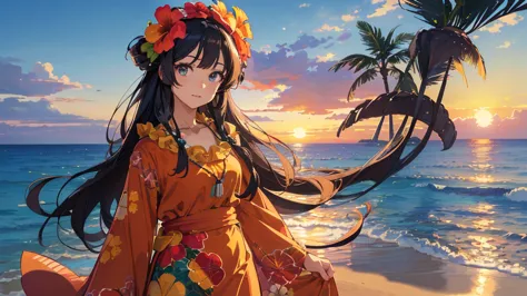 ((best quality)), ((masterpiece)), (detailed face and eyes), perfect face, long hair, black hair, wearing a muumuu, hawaii, flow...