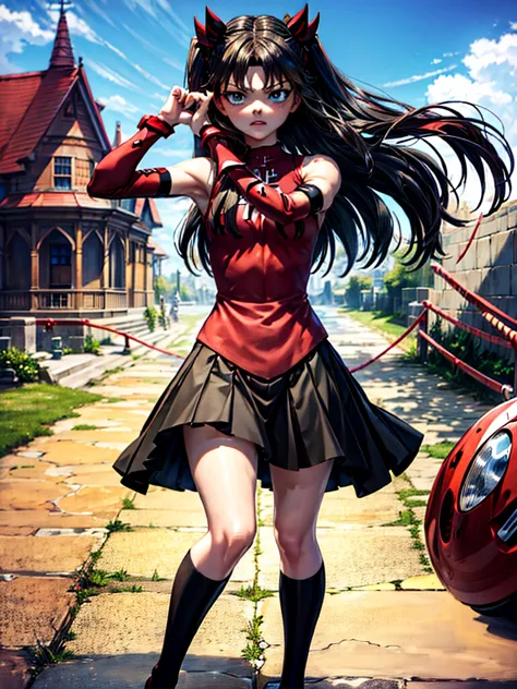 rin tohsaka, she is standing looking at the viewer playing with a lock of her hair, your face flushed very excited, fully body, ...