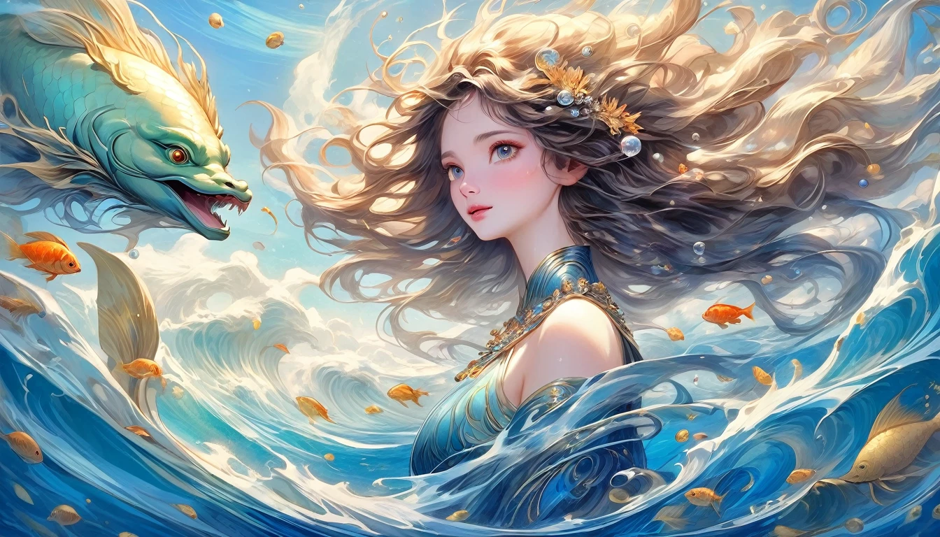 colorfulなファンタジーアート,Lovely water spirit, Tethys, Goddess of the Sea, Guardian of the seas, sacred,Smile , 4K Fantasy Art,Fantasy art style, 2. 5D CGI Anime Fantasy Artwork, epic Fantasy art style hd, Epic fantasy digital art style, Detailed fantasy art, Detailed digital 2D fantasy art, Luan Jia and Artgerm, 8k fantasy art, Cinematic,Great background, Abstract Beauty,stand, Approaching perfection, Pure Form, Golden Ratio, Minimal, unfinished, Concept Art, By Brian Froud、Karn Griffiths、What a bone、John William Waterhouse, Intricate details, 8K Post-Production, High resolution, Hyper Detail, Art Station Trends, Studio shot, Intricate details, Extremely delicate and detailed painting style, Beautiful painting art, Greg Rutkowski, close, Female Solo, The most beautiful form of chaos, elegant, Fauvist design, Bright colors, colorful, Romanticism, 海のBubble, Bubble, Shellfish, shell, fish, pearl