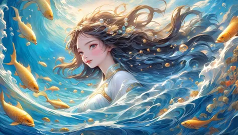 colorfulなファンタジーアート,lovely water spirit, tethys, goddess of the sea, guardian of the seas, sacred,smile , 4k fantasy art,fantasy ...