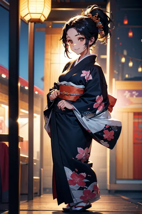 (((beautiful))), (((kimono, yukata, night, festivals, stall, perfect figure, full body))), ((black hair, parted bangs, forehead,...