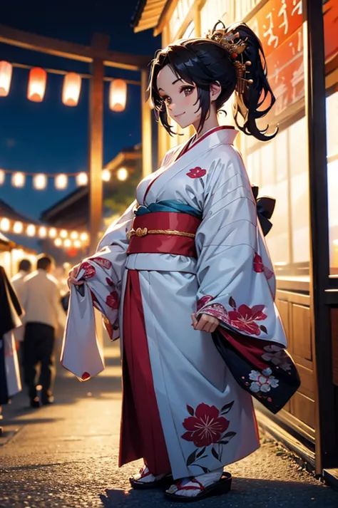 (((beautiful))), (((kimono, yukata, night, festivals, stall, perfect figure, full body))), ((black hair, parted bangs, forehead,...