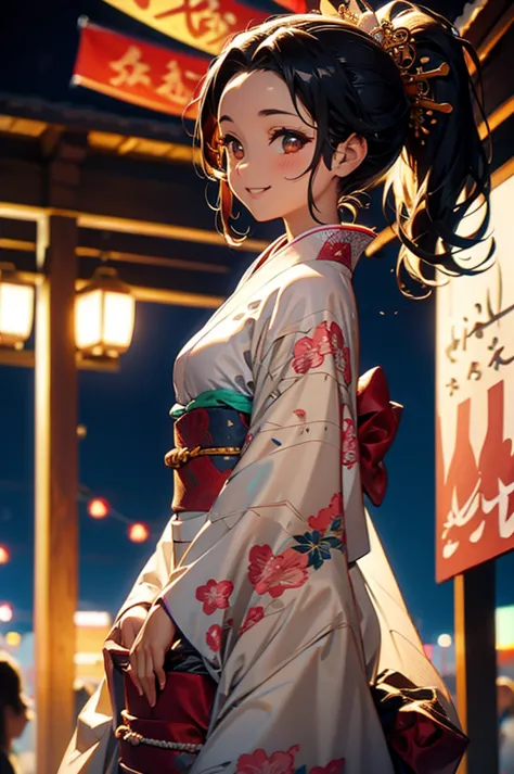 (((beautiful))), (((kimono, yukata, night, festivals, stall, perfect figure, full body))), ((black hair, parted bangs, forehead,...