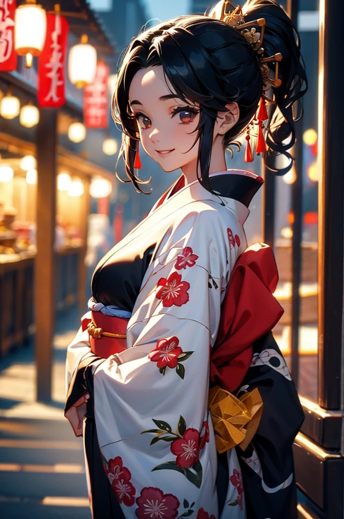 (((beautiful))), (((kimono, yukata, night, Festivals, stall, Perfect figure, full body))), ((Black Hair, parted bangs, forehead, ponytail, hair ornaments, slim)), One Woman, Small breasts, Thin legs, Glowing Skin, Sweat, (((Intricate details))), High resolution, ((Intricate details, Ultra-detailed)), from front, wide shot, (looking at viewer, look at viewer), Red cheeks, smile,