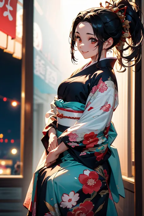 (((beautiful))), (((kimono, yukata, night, festivals, stall, tall, full body))), ((black hair, parted bangs, forehead, ponytail,...