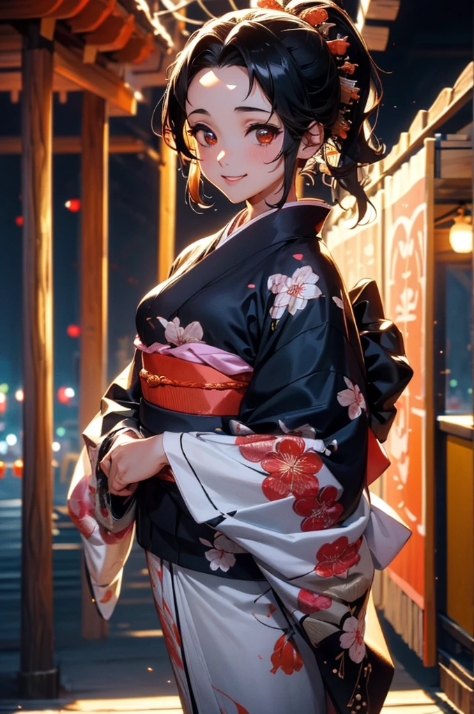 (((beautiful))), (((kimono, yukata, night, Festivals, stall, tall, full body))), ((Black Hair, parted bangs, forehead, ponytail, hair ornaments, slim)), One Woman, Small breasts, Thin legs, Glowing Skin, Sweat, (((Intricate details))), High resolution, ((Intricate details, Ultra-detailed)), from front, wide shot, (looking at viewer, look at viewer), Red cheeks, smile,