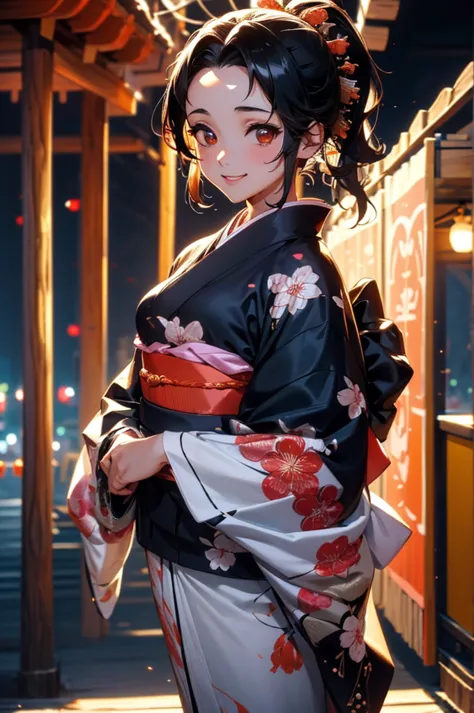 (((beautiful))), (((kimono, yukata, night, festivals, stall, tall, full body))), ((black hair, parted bangs, forehead, ponytail,...