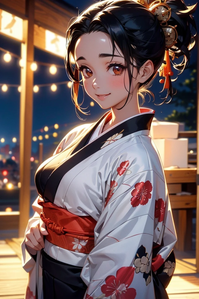 (((beautiful))), (((kimono, yukata, night, Festivals, stall, tall, full body))), ((Black Hair, parted bangs, forehead, ponytail, hair ornaments, slim)), One Woman, Small breasts, Thin legs, Glowing Skin, Sweat, (((Intricate details))), High resolution, ((Intricate details, Ultra-detailed)), from front, wide shot, (looking at viewer, look at viewer), Red cheeks, smile,