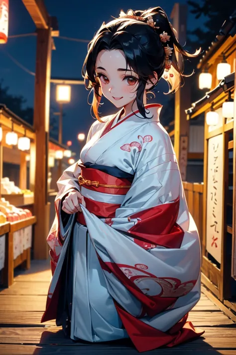 (((beautiful))), (((kimono, yukata, night, festivals, stall, tall, full body))), ((black hair, parted bangs, forehead, ponytail,...